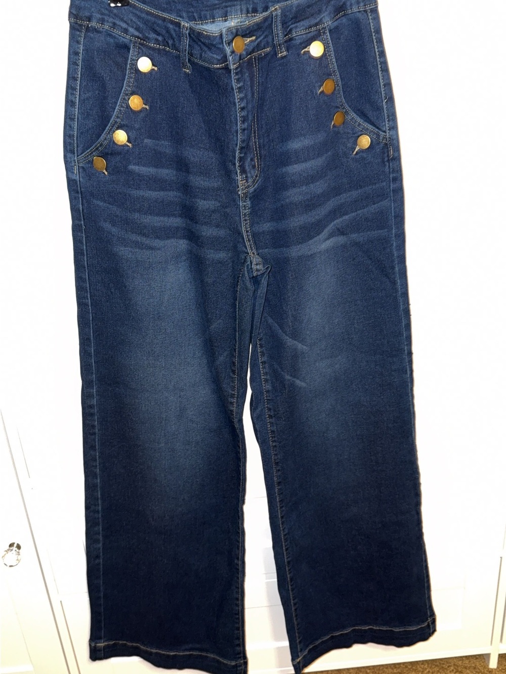 SHEIN Dark Blue Wide Leg Jeans with Gold Button Accents